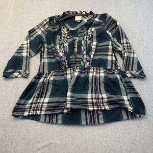 Knox Rose Shirt Womens M Green Plaid Ruffle Half Button 3/4 Sleeve Flare Bottom